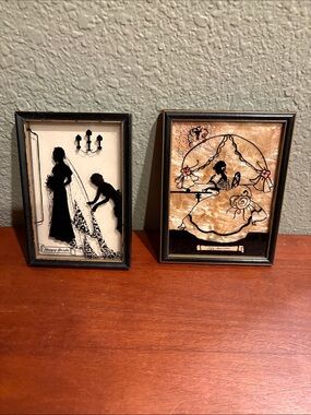 Vintage Reverse Painted Silhouette Bride Framed Art Pair - Black & Cream